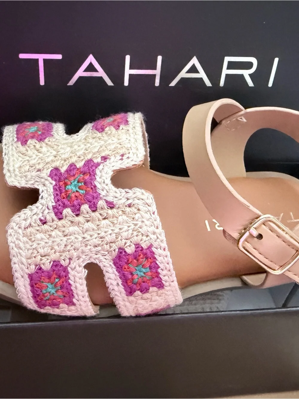 Tahari Beige Crochet Sandals with Pink and Turquoise Accents